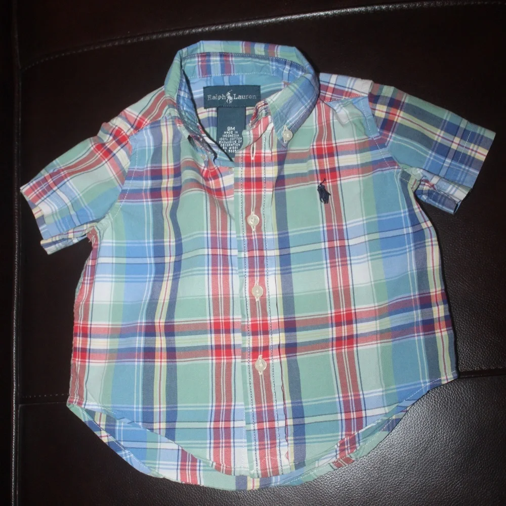 Ralph Lauren plaid button down shirt green blue red sz 9 mo Excellent condition…